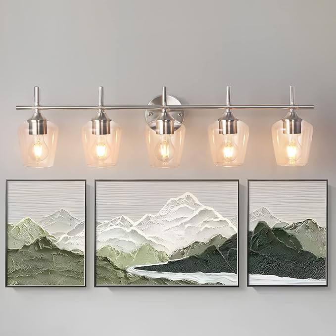 Bathroom Light Fixtures 5-Light Brushed Nickel Vanity Light with Clear Glass Shade, Modern Wall Lights for Bedroom Hallway Living Room (Nickel, 5-Light)