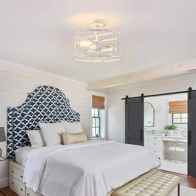 White Semi Flush Ceiling Light Fixture, 2-Light Farmhouse Flush Mount Light Fixtures, Modern Industrial Metal Cage Pendant Lighting for Hallway, Bedroom, Kitchen, Foyer, Living Room, Dining Room