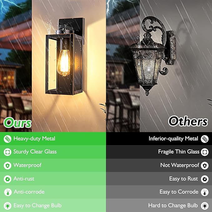 BesLowe Outdoor Wall Light Fixtures, Exterior Waterproof Wall Lanterns, Porch Sconces Wall Mounted Lighting with Glass Shades, Modern Wall Lamps for Garage Front Door Entryway, Black with Gold Trim
