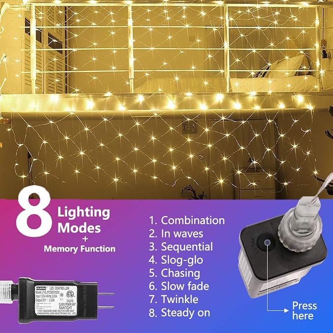 woohaha Outdoor Christmas Net Lights, 9.8FTx6.6FT 192 LED Plug-in Mesh Lights with 8 Lighting Modes, Connectable Light for Bush Christmas Garden Tree Holiday Wedding Party Decor,Warm White