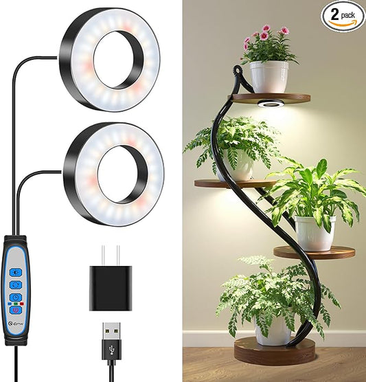Wiaxulay Grow Lights for Indoor Plants, 96 LEDs Full Spectrum LED Plant Grow Light, 5V/2A Under Cabinet Grow Lamp with Auto Timer 6/12/16 Hrs, 3 Lighting Mode, 5 Brightness, Two Head (3.5in)