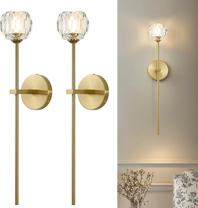 Gold Crystal Wall Sconces Set of Two with G9 Bulbs, Mid Century Modern Diamond Light Brass Vintage Long Lighting Fixture Hardwired for Elegant Vanity Living Room Bedroom Bathroom Hallway