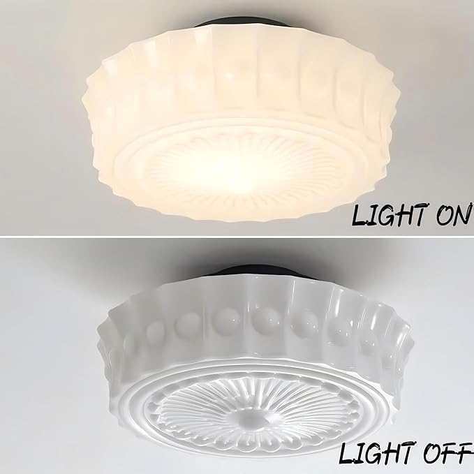 LIGHTLAND Milk Glass Ceiling Light, 13.8 Inch Mid Century Semi Flush Mount Ceiling Light Fixture, Vintage Chandelier for Bedroom, Living Room, Dining Room, Hallway (Style B, White)