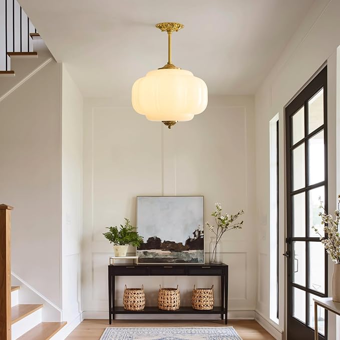 15In Milk Glass Pendant Light Adjustable Height Semi Flush Mount Pendant Light Fixture Mid Century Vintage Ceiling Light for Kitchen Dining Room Bedroom Hallway and Schoolhouse(White)