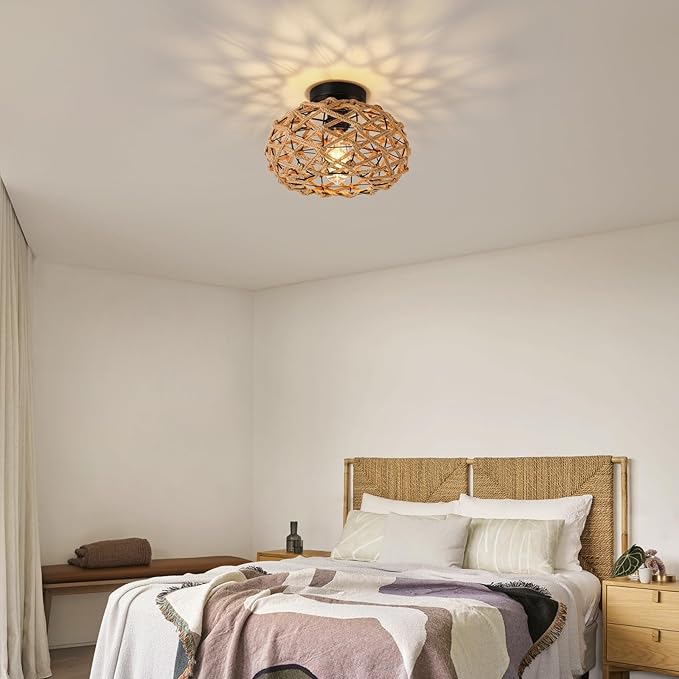 Rattan Ceiling Light Fixtures, Woven Wicker Semi Flush Mount Ceiling, Coastal Boho Rattan Light for Farmhouse Bedroom Hallway Entryway Kitchen