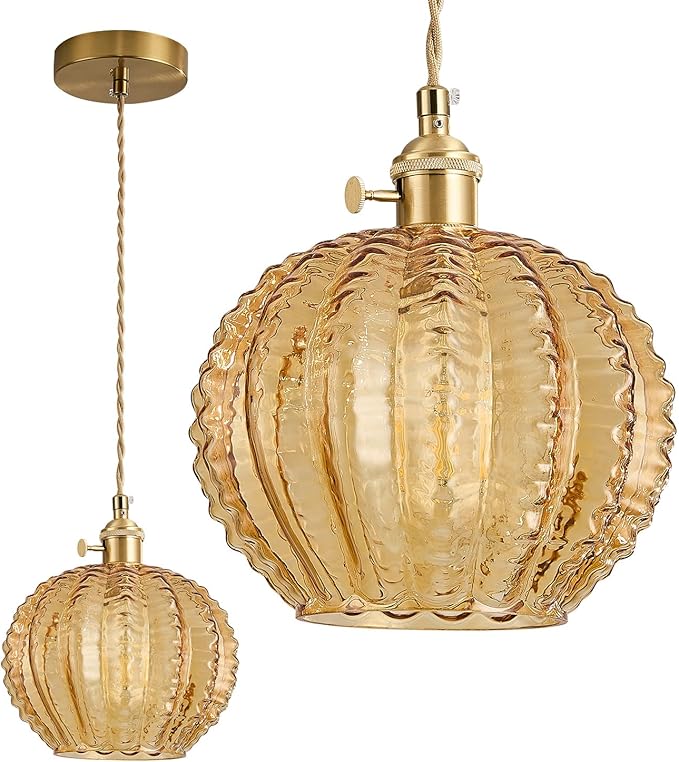 Amber Glass Pendant Light Fixtures,Vintage Antique Champagne Gold Pendant Lights Mid Century Modern Pendant Lights Suitable for Kitchen Island Dining Table Bedroom Bathroom and Above the Sink