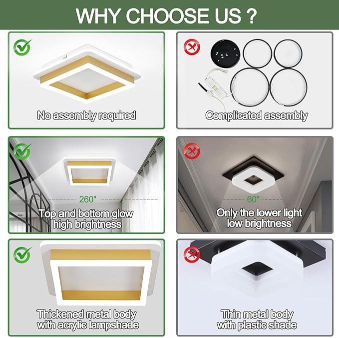 CANEOE 2 Packs Square Flush Mount Ceiling Light, 6000K Modern LED Ceiling Light Fixture, Minimalist Hallway Lighting Fixture Ceiling Lamp for Hallway Entryway Bedroom Balcony (Gold)