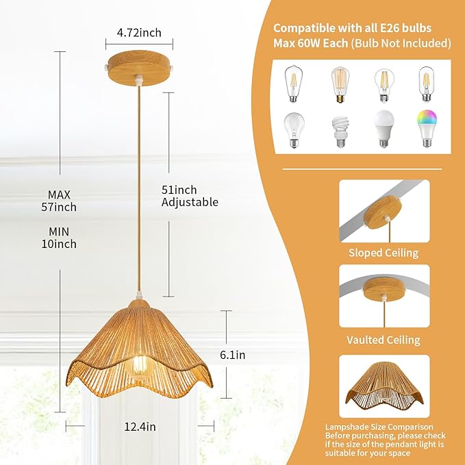 12.4" Wave Rattan Chandelier Pendant Lights Kitchen Island,Farmhouse Boho Chandeliers Adjustable Height Hanging lamp for Dining Room,Kitchen Ceiling Light Fixtures Hand Woven Wicker Lampshade