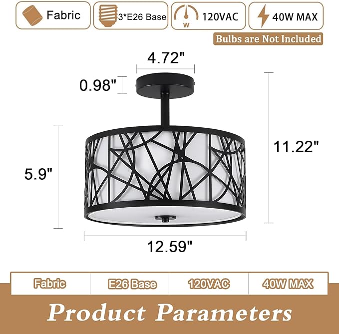 BUXVRCS Semi Flush Mount Ceiling Light, Unique 3-Light Drum Light Fixture with Fabric Shade, Kitchen Light Fixtures Ceiling Mount, Modern Close to Ceiling Lamp for Living Room (Black)