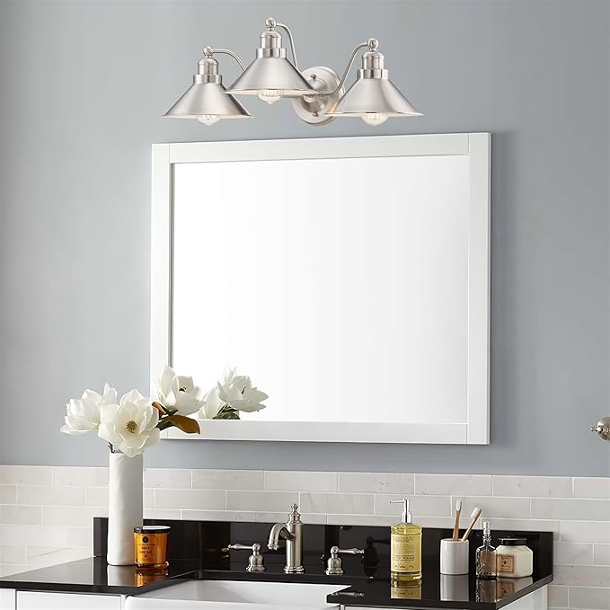 Kira Home Welton 25.5" 3-Light Modern Farmhouse Vanity Light with Funnel Shades, Industrial Silver Wall Sconce Bathroom Light, Brushed Nickel Finish