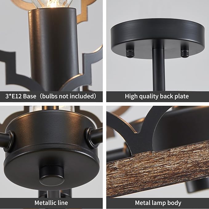 WUZUPS Chandelier 3-Light Vintage Farmhouse Semi-Flush Mount Ceiling Light Lighting Fixture for Foyer Bedroom Hallway Storage Room Kitchen Bathroom, H 9.8" x W 12.4", E12 Base, Black & Wood Imitaion