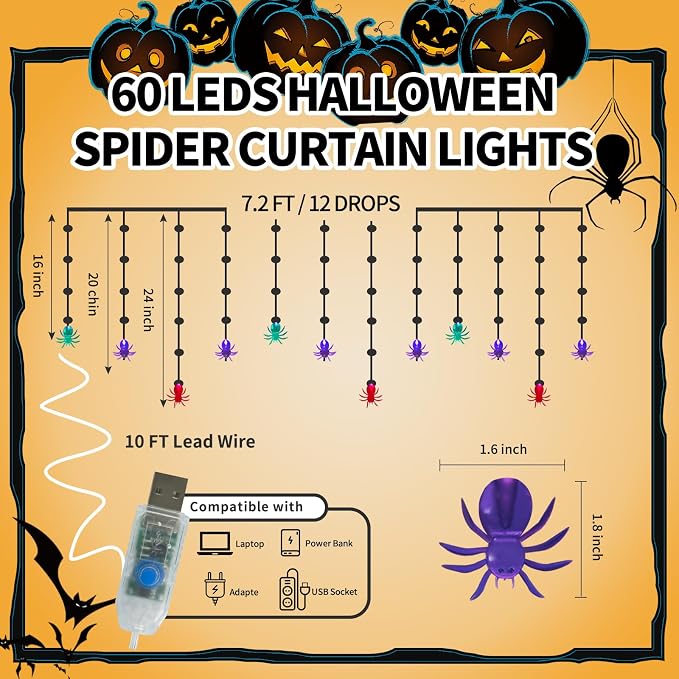 Halloween Spider Curtain String Lights, 7.2Ft Halloween Decorations Indoor Outdoor with 12 Multicolor Spiders and 60 Purple LED Bulbs Fairy Lights for Window Porch Garden Party Décor, USB Operated