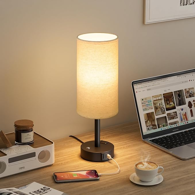 Touch Bedside Table Lamp with Memory - Stepless Dimmable Lamp for Bedroom, Small Nightstand Lamp with Dual USB Charging Ports and AC Outlet, Wood Night Light, Deak Lamp for Nursery (Beige & Black)