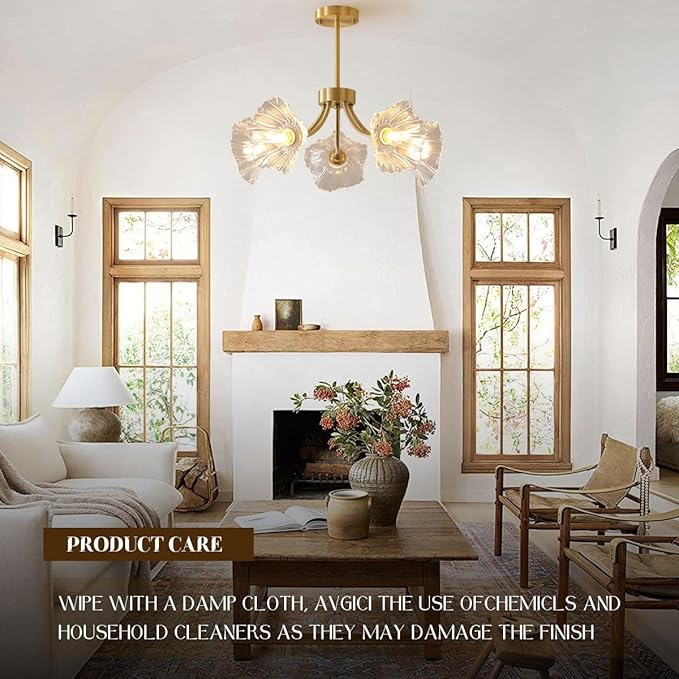 Semi-Flush Mount Ceiling Lights Fixtures Mid Century Modern Ceiling Lamp with Clear Glass Flower Shade Glass 5-Lights Chandelier Gold Brass Ceiling Lighting for Bedroom Dining Room