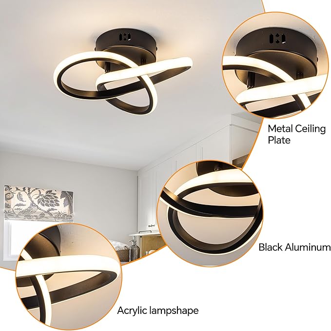 10 Inch Modern Ceiling Light, 24W LED Dimmable Ceiling Light with Remote Control, 3000-6000K Color Temperature Adjustable, Black Small Chandelier for Bedroom, Entryway, Hallway, Kitchen