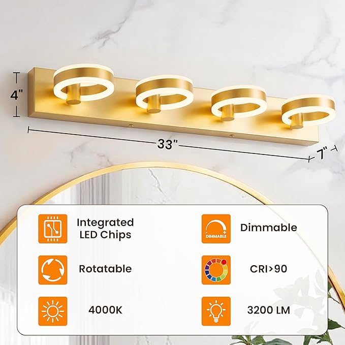 LED Bathroom Light Fixtures, 33inch Gold Vanity Lights, Modern 4 Light Acrylic Wall Sconces, 350° Rotatable Wall Lighting Fixture Over Mirror