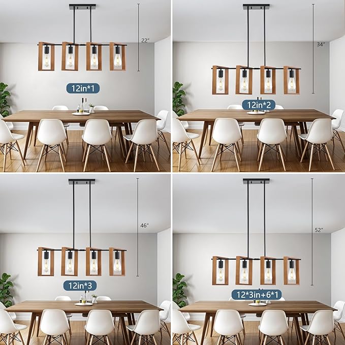 9MMML 4 Lights Island Light for Kitchen,Farmhouse Industrial Rectangle Pendant Light, Black Body+Wood Frame Vintage Chandelier for Dining&Living Room Pool Table Hallway Entryway Foyer,E26