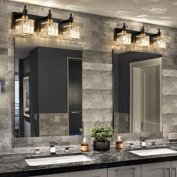 Modern Crystal Bathroom Vanity Light 3-Light Brass Wall Light Fixtures Over Mirror Black and Gold Vanity Lighting for Bathroom Square Shade Brass Wall Sconce