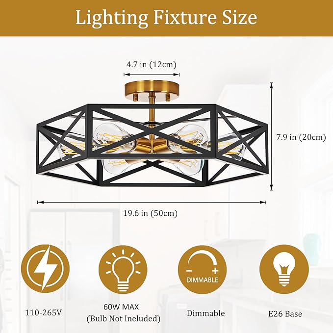 Modern Farmhouse Black and Gold Ceiling Light,Industrial Semi Flush Mount Ceiling Lighting Fixture,Hexagonal Lighting Fixtures for Kitchen,Bedroom,Living,Dining Room,Laundry Room,6-Light