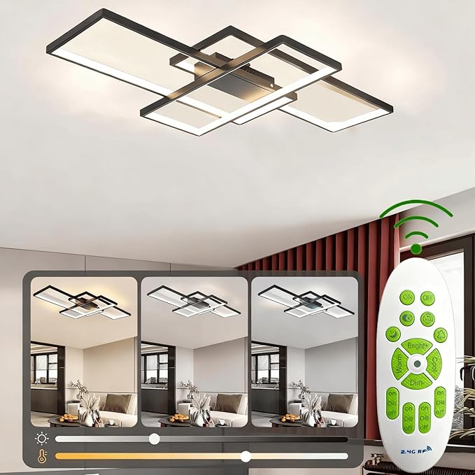 Modern LED Ceiling Light 31.5" Dimmable Black Ceiling Light Fixture with Remote Control Square 54W 3000K-6500K Ceiling Lamp for Kitchen, Living Room, Bedroom