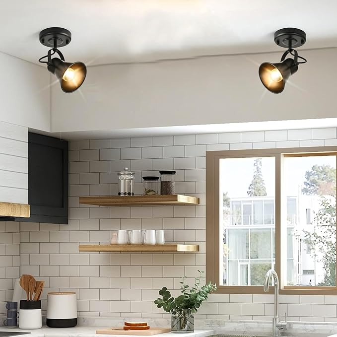 KEESFU Industrial Mini Track Lighting Ceiling Light, Black Spot Lights Indoor with Multi-Directional Adjustable Light Head, Ceiling Mount Spotlight for Bedroom Living Room Hallway Kitchen(2 Pack)