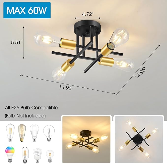 EGM 4-Light Modern Semi Flush Ceiling Light Fixture, Black & Gold Bedroom Light Fixture with E26 Bulb Base, Close to Ceiling Lights for Living Room Farmhouse Kitchen Dining Room (1 Pack)