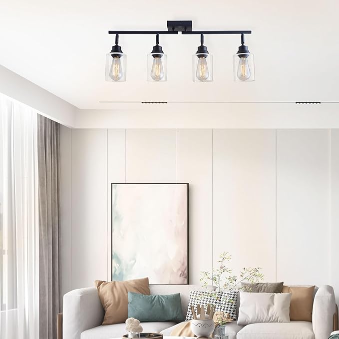 Modern 4-Light Track Lighting Fixtures Ceiling with Clear Glass Shades, E26 Base Kitchen Ceiling Light Fixture for Living Room, Bedroom & Bathroom