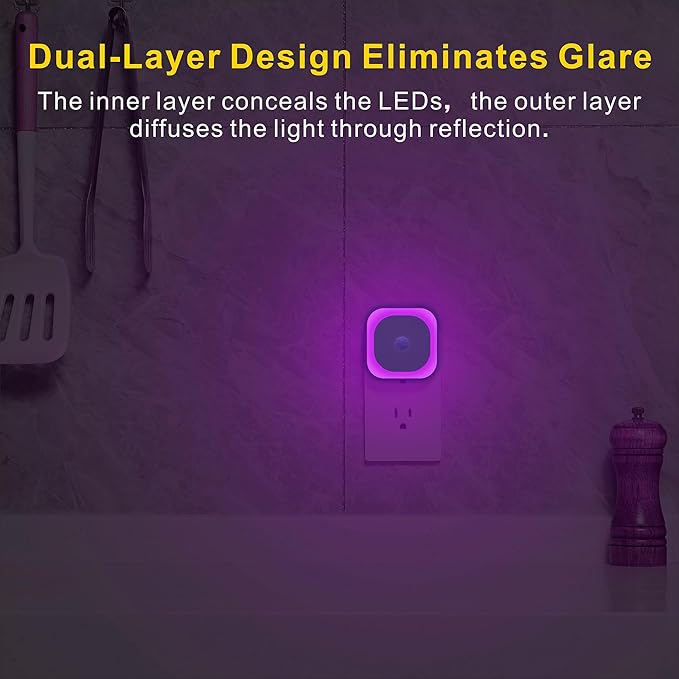 YUNLEX 2 Pack Plug in Night Light with Motion Sensor & Dusk to Dawn Sensor, 3 Sensor Modes, Purple Lights Plug into Wall, Dimmable Calming Glow for Meditation, Relaxation, Bathroom, as Mother Gifts