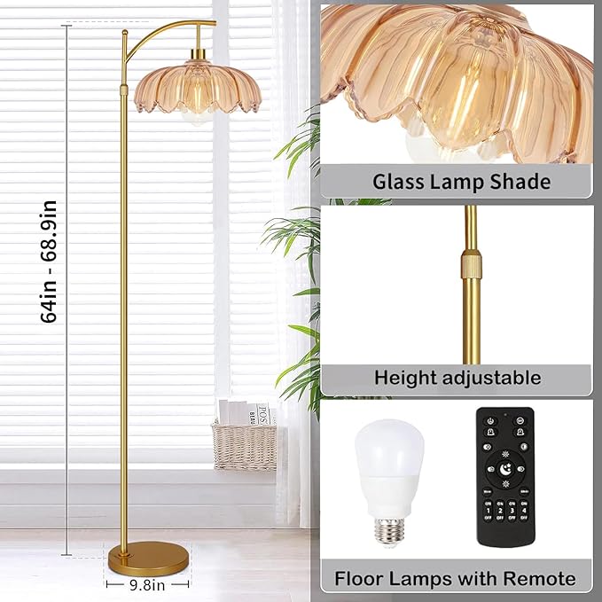 QIYIZM Floor Lamp for Living Room,Bedroom,Gold Dimmable Standing Lamp with Remote,Mid Century Modern Brass Tall Lamp Retro Vintage Green Glass Lamp Floor Light Boho Bohemian