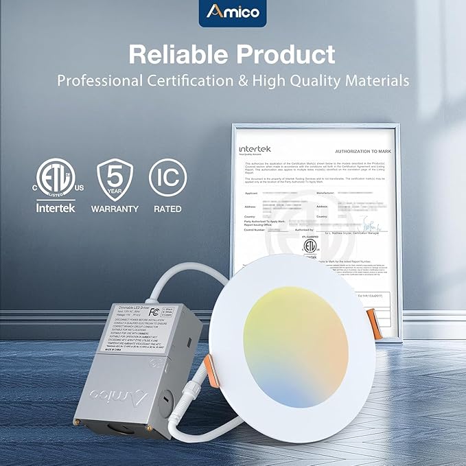 Amico 48 Pack 4 Inch 5CCT Ultra-Thin LED Recessed Light with Junction Box, 2700K/3000K/3500K/4000K/5000K Selectable, 10W Eqv 60W 700LM Brightness Dimmable Canless Wafer Downlight, ETL & FCC