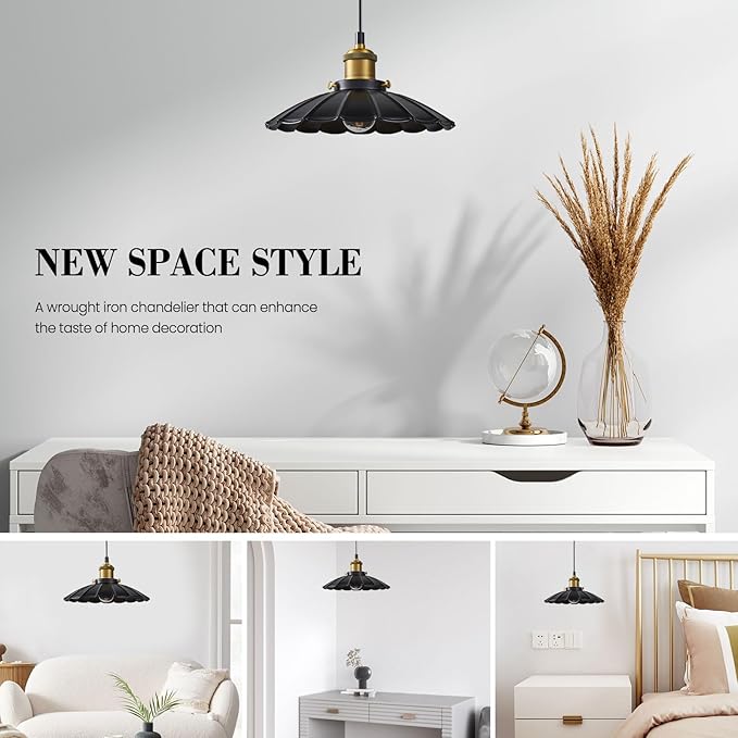 Black Pendant Light, 9.8 Inch Retro Hanging Lamp for Bedroom, Glossy Hanging Kitchen Lights Living Room 6.5Ft Height Adjustable Indoor Pleated Pendant Light