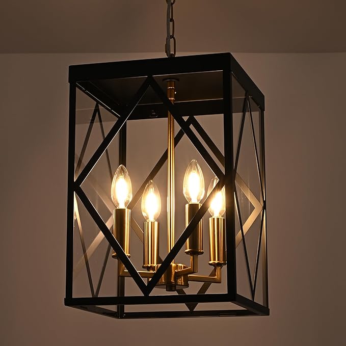 Outdoor Pendant Light for Porch, 4-Light Modern Metal Exterior Hanging Lantern Pendant Light Outside Chandelier Black with Clear Glass or Front Porch Entrance Foyer Entryway, Brass Socket