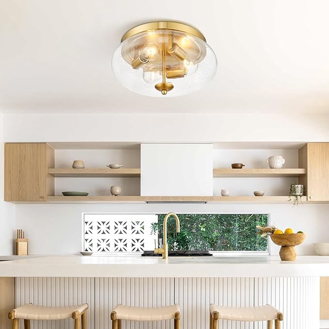 Darkaway Large Ceiling Light Fixtures 3-Ight Flush Mount Indoor Outdoor Ceiling Light with Seeded Glass Shade for Hallway Kitchen Bedroom Porch Living Room Dining Room Gold Finish