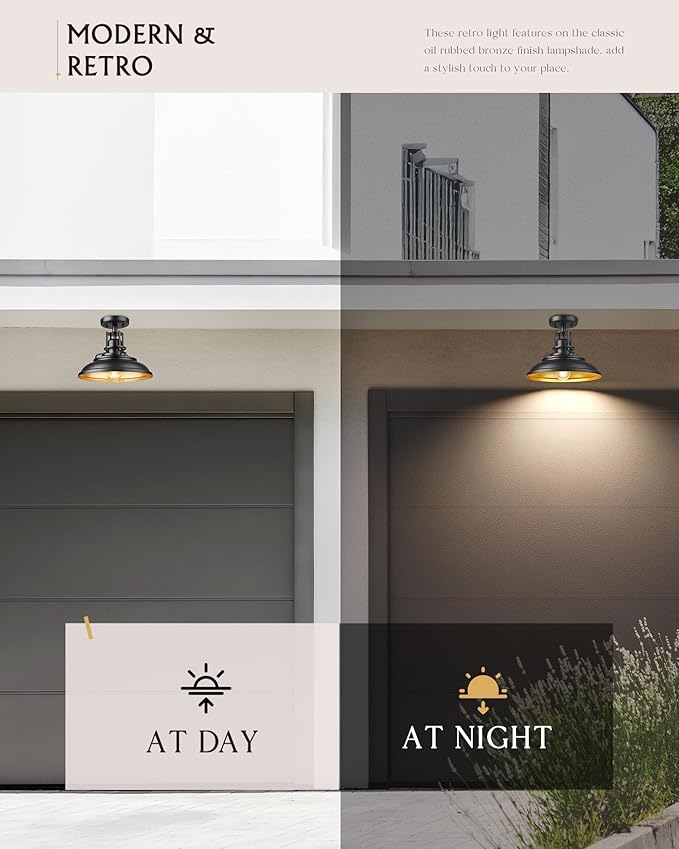 FEMILA Industrial Semi Flush Mount Ceiling Light, 12" Farmhouse Front Porch Ceiling Lighting Fixture, 2 Pack Outdoor Flush Mount Porch Light for Entryway, Hallway, Kitchen, 4FY15-F-2PK BK-1