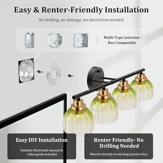 TALOYA Bathroom Vanity Light Fixtures, 4-Light Modern Black and Gold Wall Lights for Mirror, Green Tulip Glass Shades Over Sink Lighting for Bedroom, Living Room, and Hallway,Farmhouse