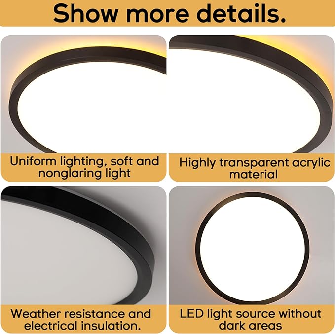 Mille Lucciole 4 Pack LED Flush Mount Ceiling Light Fixture with Remote Control Night Lights, Dimmable Ceiling Lights Black 12 Inch 30W 3000LM 3CCT Color Adjustable Led Ceiling Light fixtures