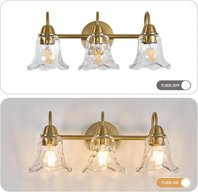 Bathroom Light Fixtures Over Mirror, 3 Lights Vintage Wall Sconces with Hammered Glass Shade, 19.3" Gold Bathroom Wall Light Fixtures for Bedroom, Porch, Hotel, Mirror Cabinet