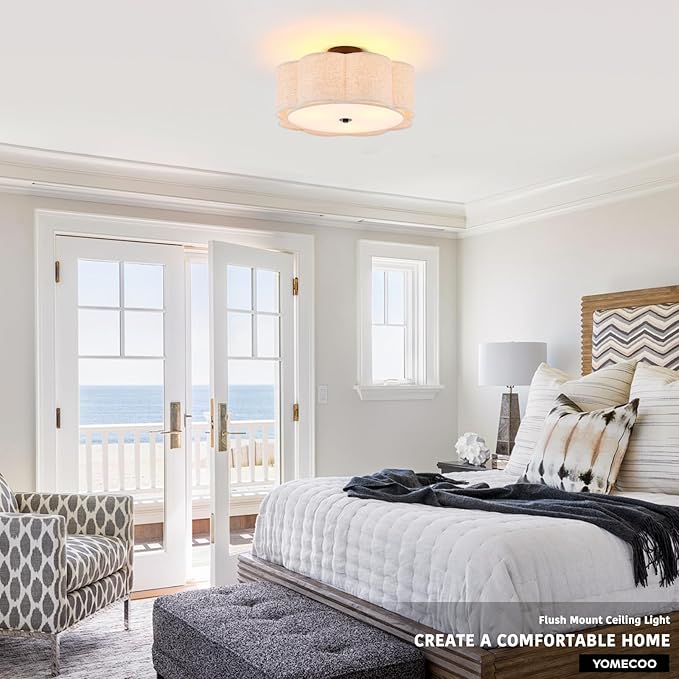 Semi Flush Mount Ceiling Light, Beige Linen Fabric Shade Ceiling Light, Black Modern Farmhouse Close to Ceiling Light for Bedroom, Hallway, Living Room, Dining Room, Laundry Room