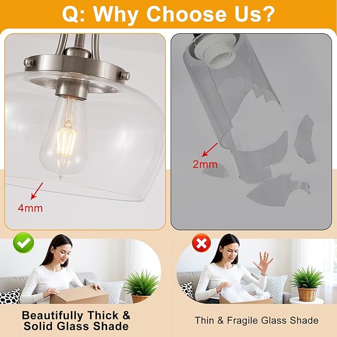 Modern Pendant Lights Kitchen Island, Brushed Nickel Pendant Light Fixtures with 10" Clear Glass Shade, Industrial Hanging Pendant Lights Fixture for Kitchen Island Dining Room Bedroom Foyer Entryway