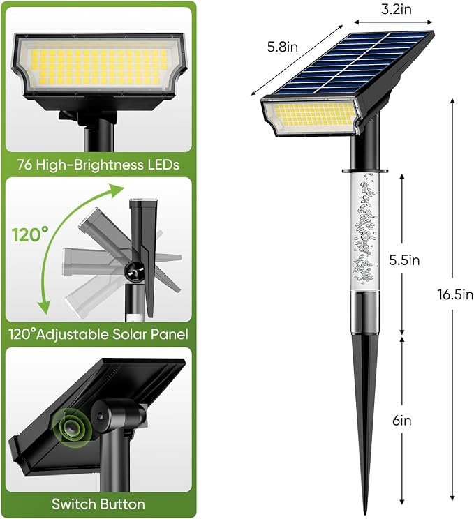 Solar Spot Lights Outdoor Waterproof IP65, 76 LED Solar Landscape Lights with Dual Lighting Design, Auto On/Off Solar Powered Outdoor Lights for Yard, Garden, Pathway, Warm White- 2 Pack
