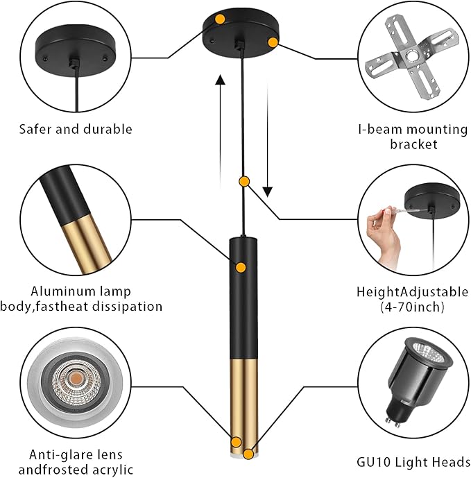 Modern Black and Gold Pendant Light Fixture for Kitchen Island, 1-Light Pendant Lighting, Lights Cord Adjustable, Matching GU10 lamp Holder,for Living Room Bedroom Dining Room