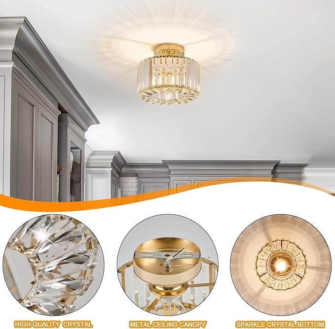 BUXVRCS Crystal Ceiling Light Fixture - Semi Flush Mount Ceiling Light Modern Chandelier Hallway Light Fixtures Ceiling Flush Mount Light Fixtures for Kitchen Bedroom Bathroom Entryway (Gold)