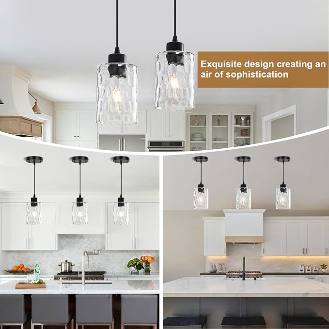 3 Pack Black Modern Pendant Light Fixtures, Adjustable Hanging Lighting with Hammered Glass Lampshade, Black Kitchen Island Pendant Lights for Dining Room Kitchen Living Room Bedroom Foyer