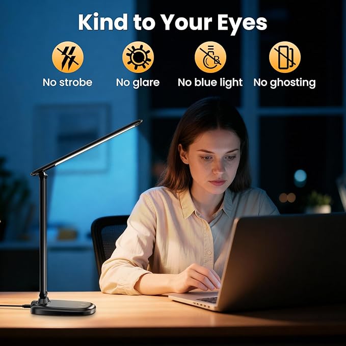 Desk Lamp with Charger, 10%-100% Stepless Dimmable & 5 Color Modes Study Lamp, Touch Control, 30-/60-minute Timer, USB Charging Output Port, CRI≥90, Eye-Caring Foldable LED Desk Lamps for Home Office