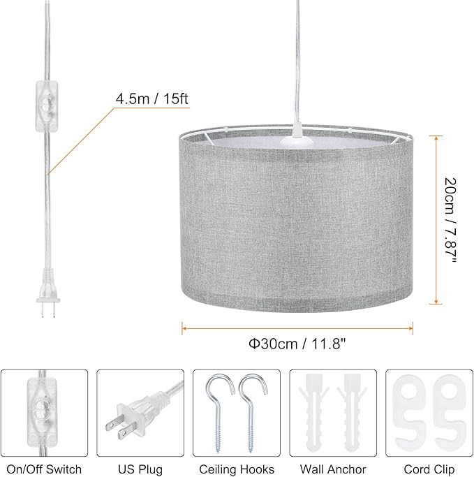 PATIKIL Plug in Pendant Light, 2 Pack 15Ft Rope Cord Hanging Lamp Fixture with ON/Off Switch, Linen Fabric Shade E26/E27 Bulb Socket for Bedroom Kitchen Living Room, Dark Gray