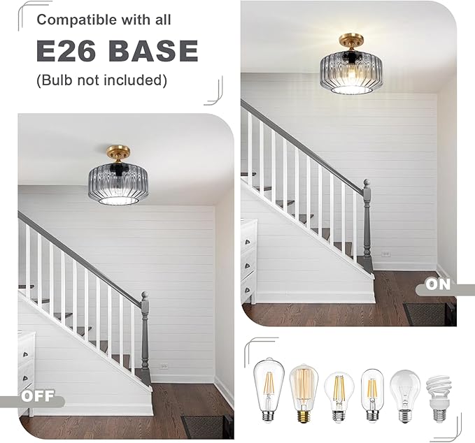 Gold Flush Mount Ceiling Light Fixture Porch Glass Ceiling Light Contemporary Ribbed Glass Chandeliers Overhead Light Farmhouse Lamp for Laundry Room, Entryway Pantry Light(Gray)