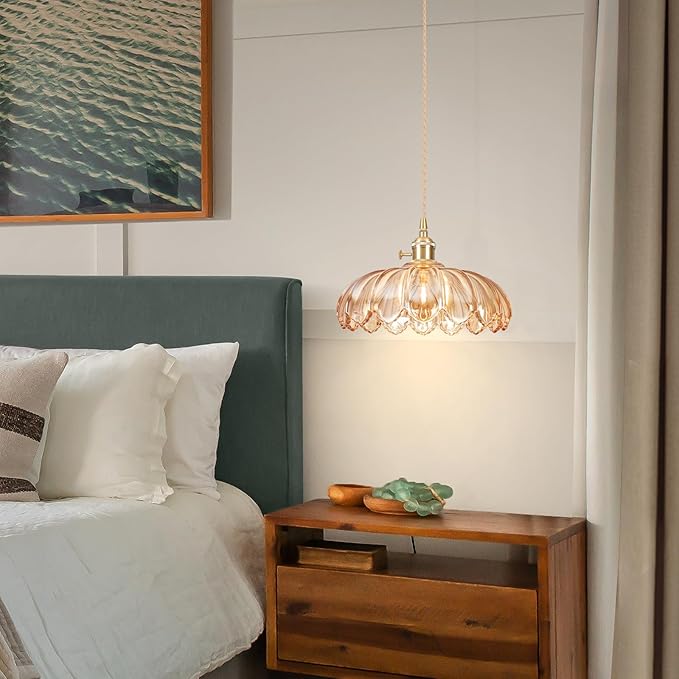 Pendant Lights Kitchen Island,Amber Glass Vintage Light Fixtures,9.8inch E26 Adjustable Hanging Light Flower Finish Ceiling Hanging Lamp for Bedroom Living Room Hallway 1 Light