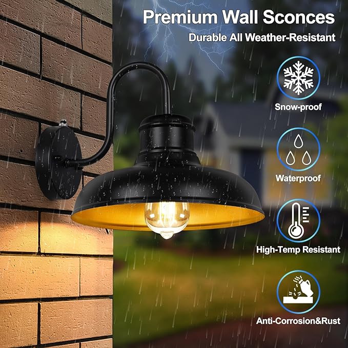 TOBUSA 2-Pack Dusk to Dawn Outdoor Wall Light Fixtures, Waterproof Farmhouse Outside Gooseneck Barn Lights, 11.5'' Black & Golden Exterior Wall Sconces for House, Porch, Garage