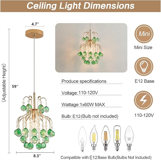 Surpars House Elegant Mini Chandelier Flush Mount Crystal Pendant Light,Golden (Green Shade)