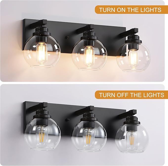 LmnLvn Bathroom Light Fixtures, 3-Light Matte Black Vanity Lights, Modern Bathroom Lighting Fixtures Over Mirror, Farmhouse Vanity Lights with Glass Shade for Living Room, Bedroom, Hallway